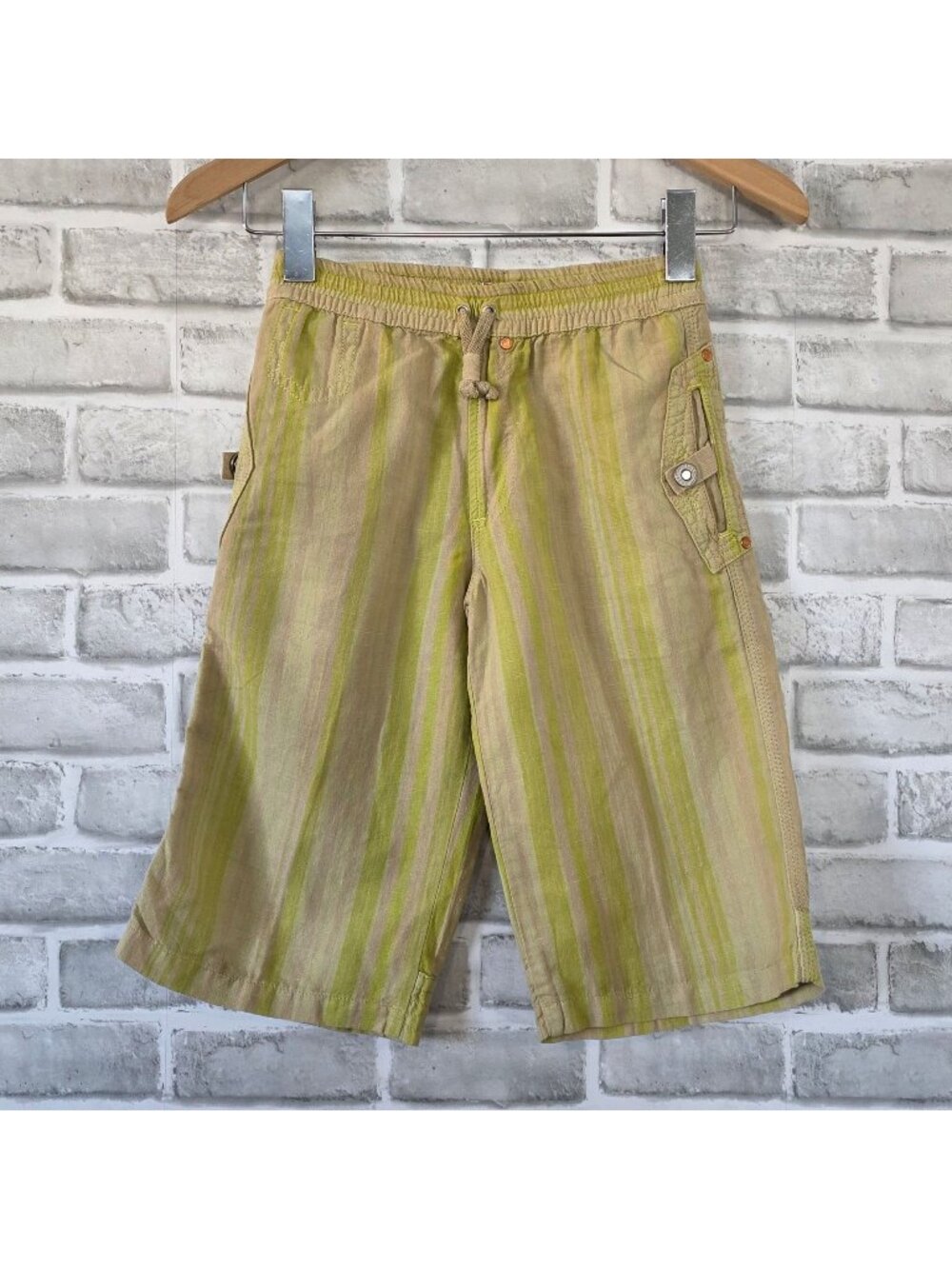 Diesel Boys Striped Cotton Linen Elastic Waist Shorts Size 8 Green Beige